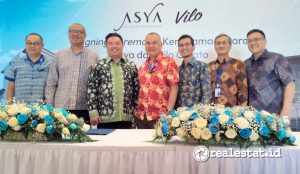 Dari kiri ke kanan: Tomi Lunardi - Direktur Vilo Gelato, Christian Susilo - Project Director Vilo Gelato, Wibowo Muljono - Presiden Direktur Astra Land Indonesia, Vincent Kusuma - Founder & Director Vilo Gelato, Panji Nurfirman - Direktur Astra Land Indonesia, Widyo Seno - Project Director ASYA, Ferry Thahir - Chief Marketing Officer ASYA, sesaat setelah penandatanganan kerja sama, Kamis, 9 Maret 2023. (Foto: realestat.id)