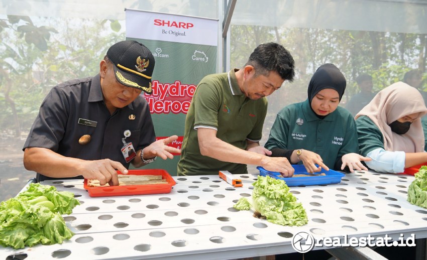 Shinji Teraoka, Presiden Direktur, PT Sharp Electronics Indonesia bersama Teppy Wawan Dharmawan, PJ Bupati Karawang mencoba menanam dengan menggunakan sistem hydroponic. (Foto: Dok. Sharp Indonesia)