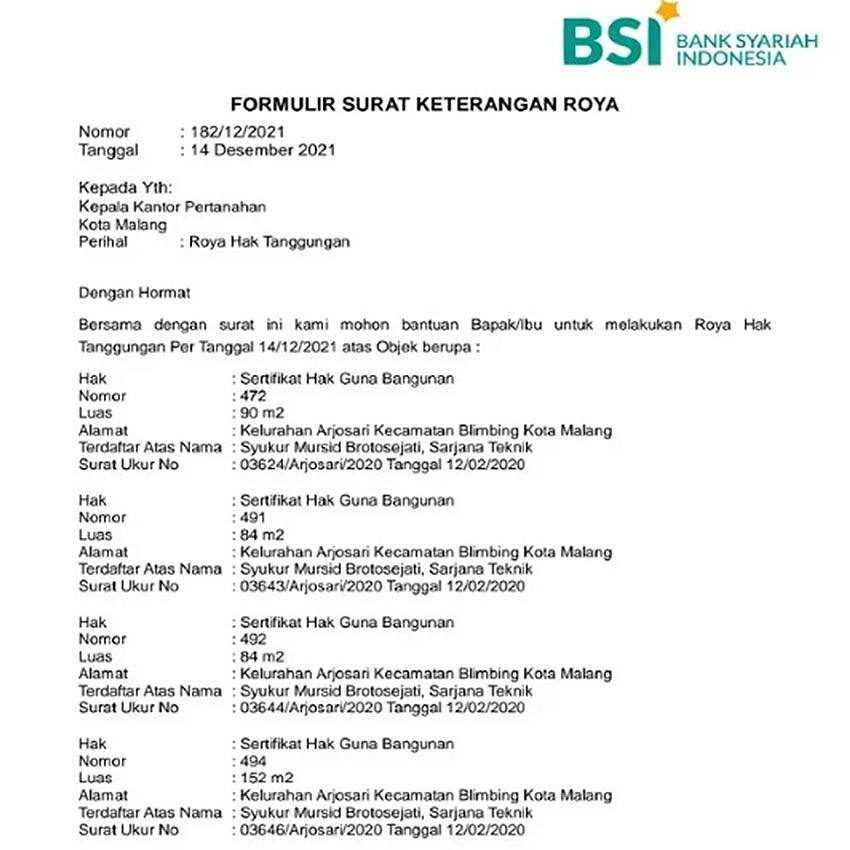 contoh surat roya dari bank-RealEstat.id