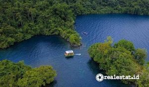 Pemandangan Danau Matano dari ketinggian, danau terdalam di Indonesia dengan air jernih dan lanskap hijau tropis di Sulawesi Selatan. (Sumber: Istock)