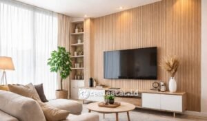 wall panel dinding PVC di ruang keluarga minimalis modern-RealEstat.id