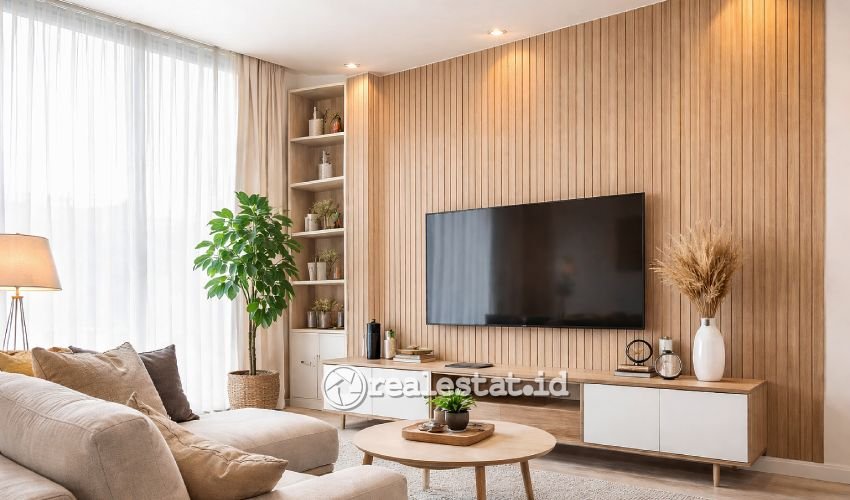 wall panel dinding PVC di ruang keluarga minimalis modern-RealEstat.id